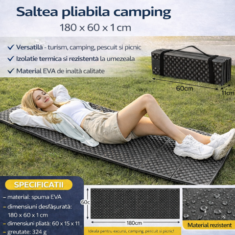 Gradina & Outdoor - Saltea camping si drumetii Trizand, spuma EVA groasa 1 cm, izolatie termica si impermeabila, 180x60 cm, cu maner de transport, Pliabila