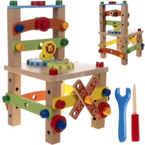 Jucarii & Timp liber - Scaun educational Montessori, Lemn, de asamblat pentru copii, 29 cm, Dexteritate, Concentrare, Imaginatie, Multicolor