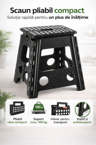 Diverse - Scaun pliabil compact Malatec, maner transport, Suport 100 kg, 39 cm, alb-negru