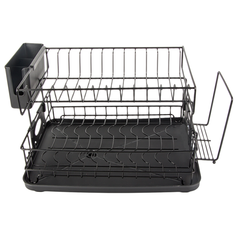 Scurgator de vase GenesioHome, 2 Niveluri, 42 x 30 x 27.5 cm, Orifiu Scurgere, Metal si Plastic, Non-toxic, Compact, culoare Negru [10]