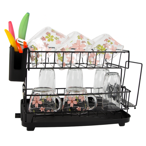 Scurgator de vase GenesioHome, 2 Niveluri, 42 x 30 x 27.5 cm, Orifiu Scurgere, Metal si Plastic, Non-toxic, Compact, culoare Negru [11]