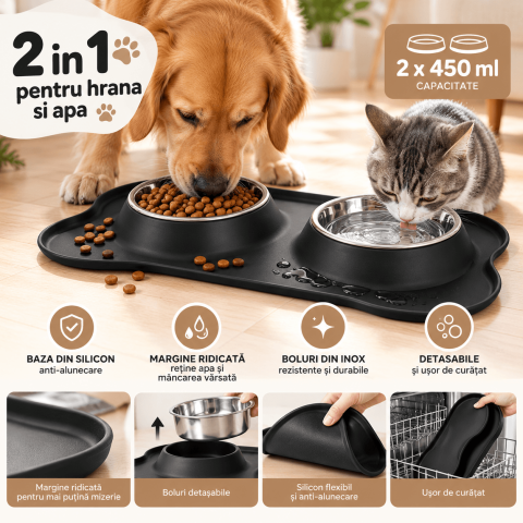 Articole Animale de Companie - Set 2 boluri Purlov pentru caini si pisici, 2 x 450 ml, inox, suport din silicon antiderapant, protectie pentru scurgeri, negru