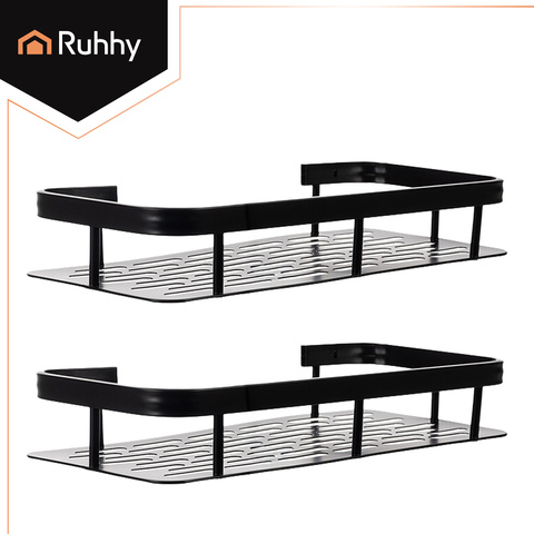 Articole pentru baie - Set 2 Rafturi Baie, Montaj fara gaurire sau cu dibluri, 30 x 13 x 4.7 cm, Aluminiu, culoare Negru