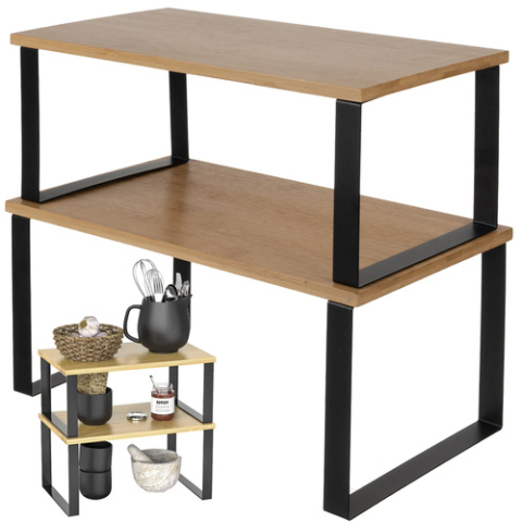 Articole bucatarie - Set 2 rafturi organizatoare bucatarie Ruhhy, bambus si metal, suprapozabile, pentru condimente, vase si accesorii, 33.5 x 19.5 cm