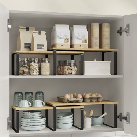 Set 2 rafturi organizatoare bucatarie Ruhhy, bambus si metal, suprapozabile, pentru condimente, vase si accesorii, 33.5 x 19.5 cm [2]