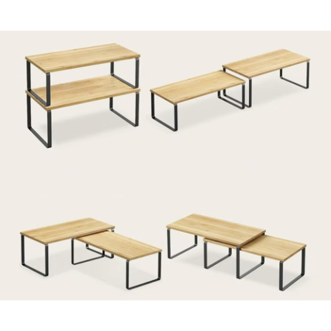 Set 2 rafturi organizatoare bucatarie Ruhhy, bambus si metal, suprapozabile, pentru condimente, vase si accesorii, 33.5 x 19.5 cm [1]