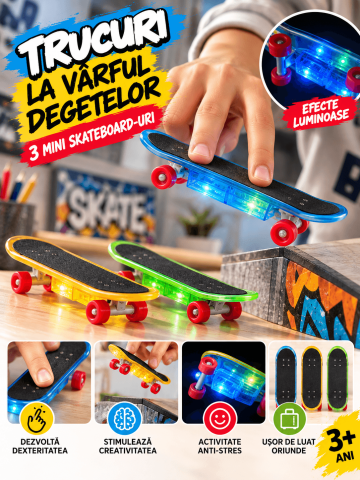 Jucarii & Timp liber - Set 3 mini skateboard-uri pentru degete Fingerboard, efecte luminoase, 10 cm, multicolor, 3+ ani