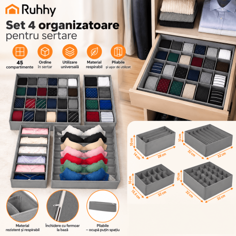 Casa & Organizare - Set 4 organizatoare sertar Ruhhy pentru lenjerie, sosete si accesorii, 45 compartimente, pliabile, gri