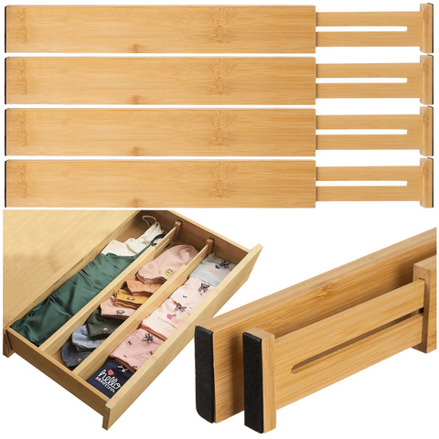 Set 4 Separatoare Reglabile pentru Sertare RUHHY, Organizator Sertar din Bambus, Divizor Telescopic 42–56 cm, Protectie EVA Antiderapanta [7]