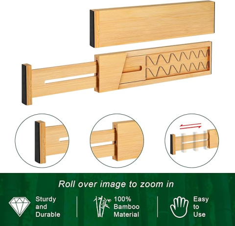 Articole bucatarie - Set 4 Separatoare Reglabile pentru Sertare RUHHY, Organizator Sertar din Bambus, Divizor Telescopic 42–56 cm, Protectie EVA Antiderapanta