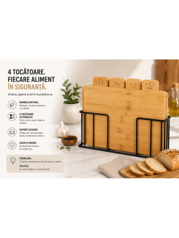Articole bucatarie - Set 4 Tocatoare din Bambus RUHHY cu Suport Metalic, pentru Carne, Peste, Legume si Paine, 28 x 20 cm