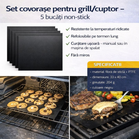 Gradina & Outdoor - Set 5 folii antiaderente reutilizabile pentru gratar si cuptor – gatit fara ulei, fara fum, fara murdarie | 33 x 40 cm