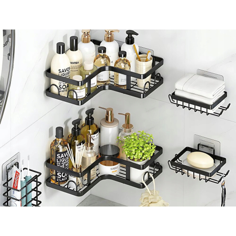 Articole pentru baie - Set 5 rafturi pentru colt, Metal, Autoadezive, fara gaurire, Anti-coroziune, Rezistente, culoare Negru