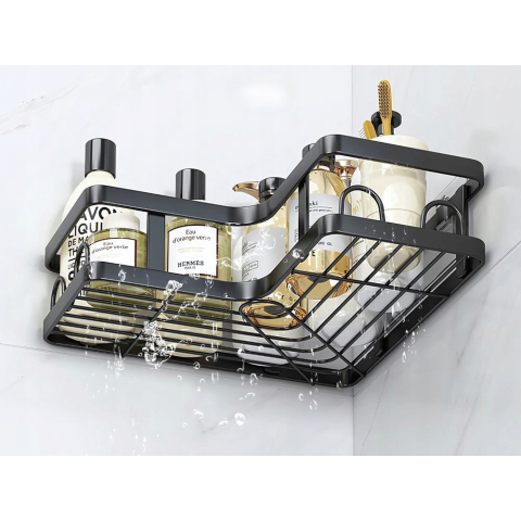Set 5 rafturi pentru colt, Metal, Autoadezive, fara gaurire, Anti-coroziune, Rezistente, culoare Negru [6]