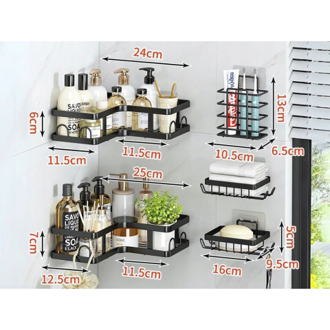 Set 5 rafturi pentru colt, Metal, Autoadezive, fara gaurire, Anti-coroziune, Rezistente, culoare Negru [5]