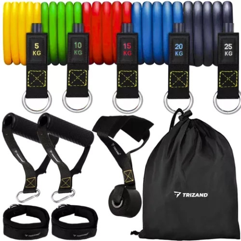Diverse - Set benzi elastice fitness Trizand, 5–75 kg, cu manere si accesorii, 11 piese