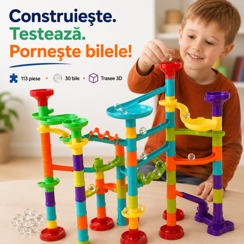 Jucarii & Timp liber - Set constructie circuit cu bile, 113 piese, 30 bile incluse, traseu 3D modular, multicolor, 36 x 35 x 20 cm