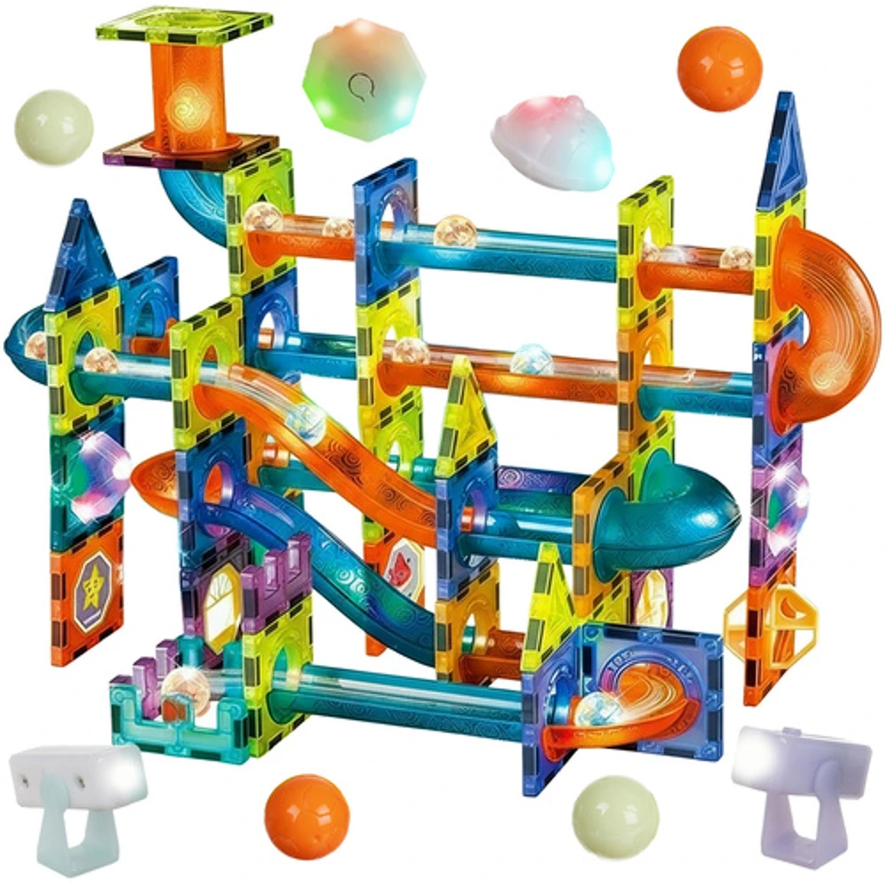 Jucarii & Timp liber - Set constructie magnetic cu circuit pentru bile, 110 piese, blocuri 3D, elemente luminoase LED, multicolor, 3+ ani