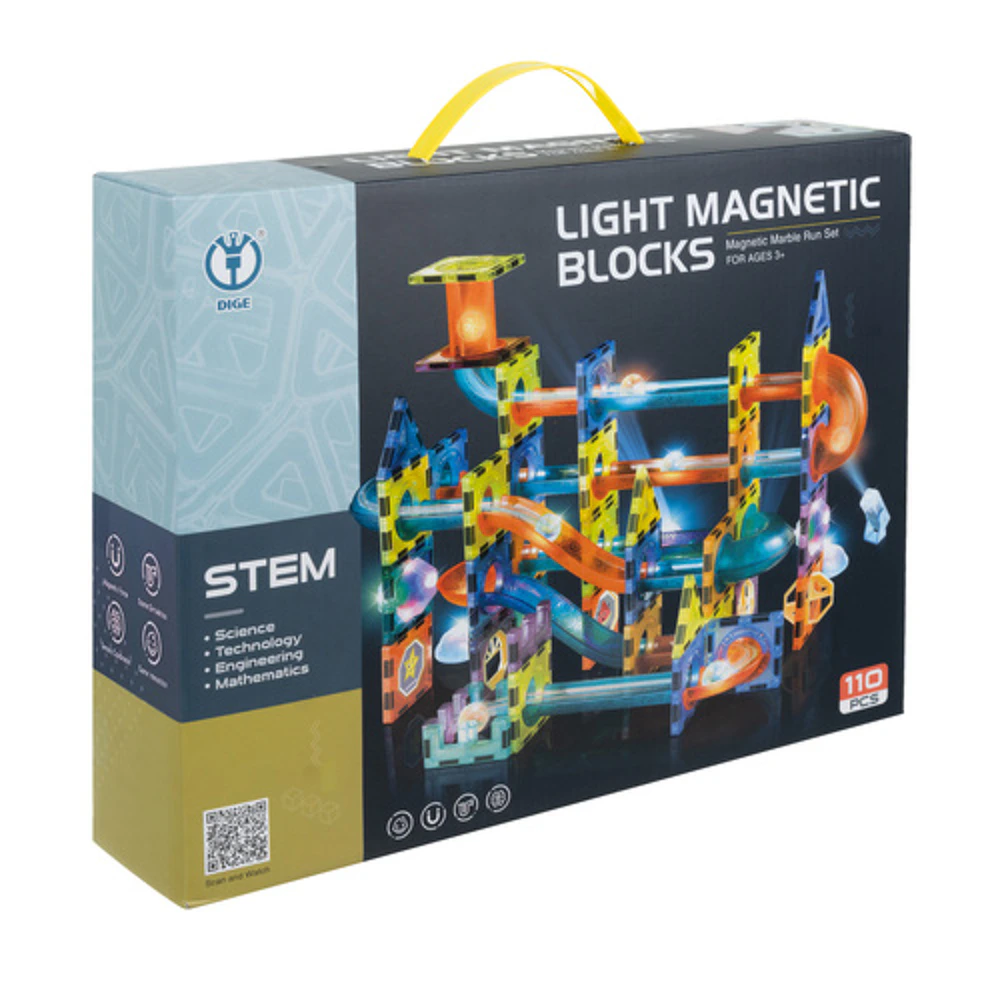 Set constructie magnetic cu circuit pentru bile, 110 piese, blocuri 3D, elemente luminoase LED, multicolor, 3+ ani [7]