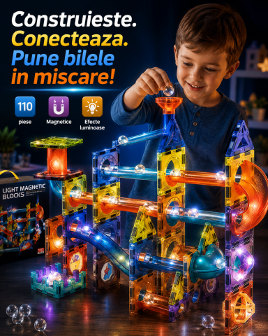 Set constructie magnetic cu circuit pentru bile, 110 piese, blocuri 3D, elemente luminoase LED, multicolor, 3+ ani [1]
