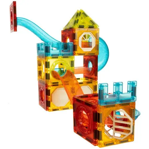 Set constructie magnetic cu circuit pentru bile, 77 piese, blocuri 3D, bile si elemente luminoase, STEM, multicolor [2]