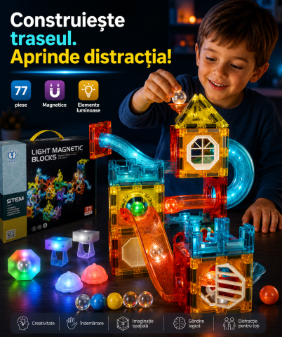 Jucarii & Timp liber - Set constructie magnetic cu circuit pentru bile, 77 piese, blocuri 3D, bile si elemente luminoase, STEM, multicolor