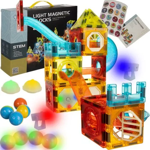 Set constructie magnetic cu circuit pentru bile, 77 piese, blocuri 3D, bile si elemente luminoase, STEM, multicolor [1]