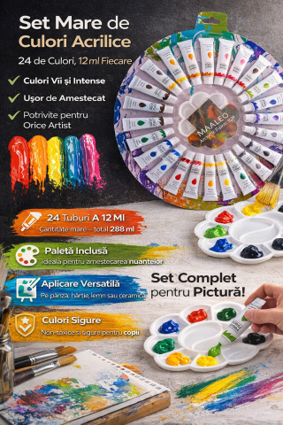 Diverse - Set creativ pictura acrilica Maaleo – 24 culori intense x 12 ml, vopsele pentru panza, lemn si hartie, cu paleta inclusa