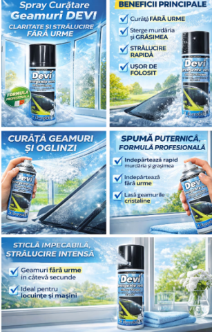 Auto & Detailing - Spray Spuma Curatare Geamuri Devi 400 ml, Curatare fara Urme pentru Sticla si Oglinzi, Solutie Profesionala