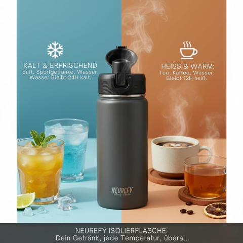 Sticla termoizolanta NEUREFY, 700 ml, otel inoxidabil, 24h rece/12h cald, capac anti-scurgere cu pai si blocare, maner, gri [6]