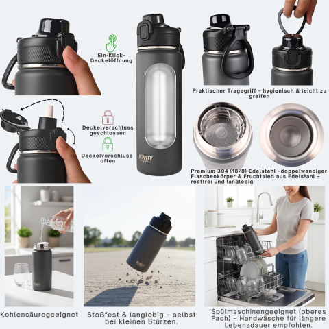 Sticla termoizolanta NEUREFY, 700 ml, otel inoxidabil, 24h rece/12h cald, capac anti-scurgere cu pai si blocare, maner, gri [4]