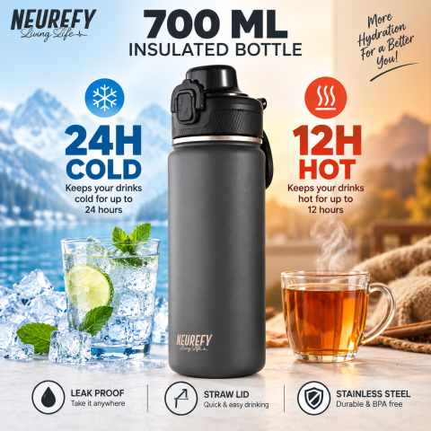 Casa & Organizare - Sticla termoizolanta NEUREFY, 700 ml, otel inoxidabil, 24h rece/12h cald, capac anti-scurgere cu pai si blocare, maner, gri