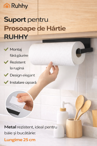 Articole bucatarie - Suport autoadeziv pentru rola de hartie RUHHY, montaj fara gaurire, metal negru mat, pentru bucatarie si baie