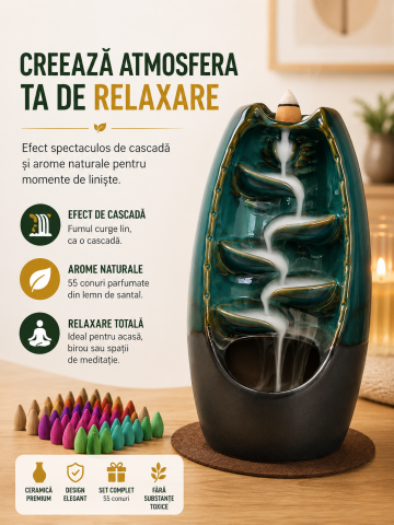 Diverse - Suport ceramic pentru betisoare parfumate tip Cascada Ruhhy, Backflow, cu 55 conuri parfumate incluse, Verde/Gri