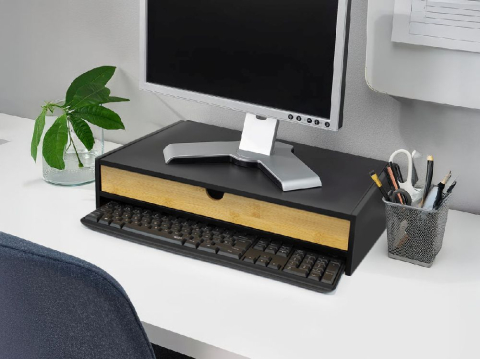 Suport Monitor cu Sertar Comfortime, Organizator birou pentru monitor si tastatura, 47 x 26 x 10 cm, Bambus + MDF, culoare Negru/Natur [4]