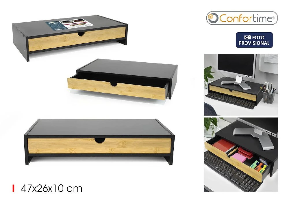 Organizare si depozitare - Suport Monitor cu Sertar Comfortime, Organizator birou pentru monitor si tastatura, 47 x 26 x 10 cm, Bambus + MDF, culoare Negru/Natur