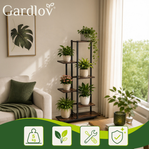 Suport pentru flori Gardlov, 6 niveluri, stil Loft, MDF si metal, 113 cm, Negru/Maro [1]