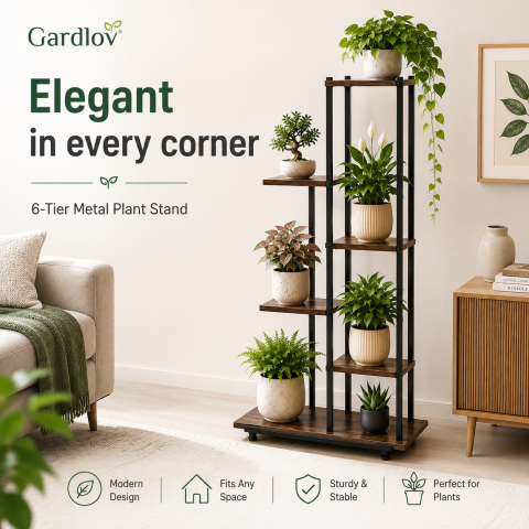 Diverse - Suport pentru flori Gardlov, 6 niveluri, stil Loft, MDF si metal, 113 cm, Negru/Maro