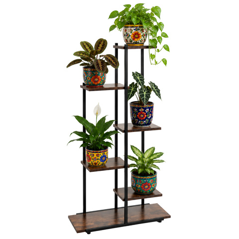 Suport pentru flori Gardlov, 6 niveluri, stil Loft, MDF si metal, 113 cm, Negru/Maro [6]