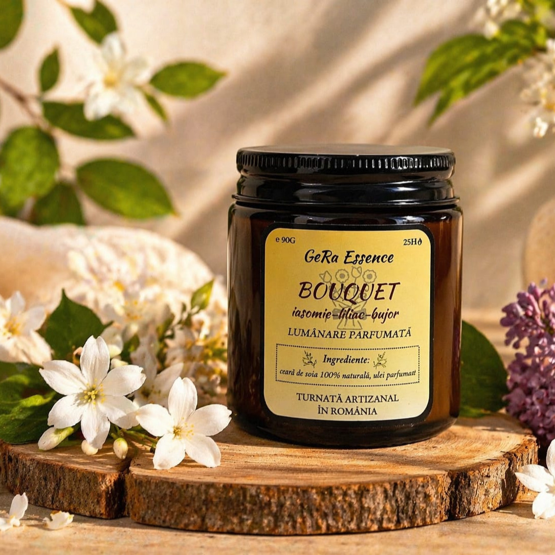 Lumanare parfumata din soia, GeRa Essence, Bouquet - Iasomie, Liliac, Bujor, Zambile, parfum floral, handmade, ceara naturala, ardere 25h, 90g [3]