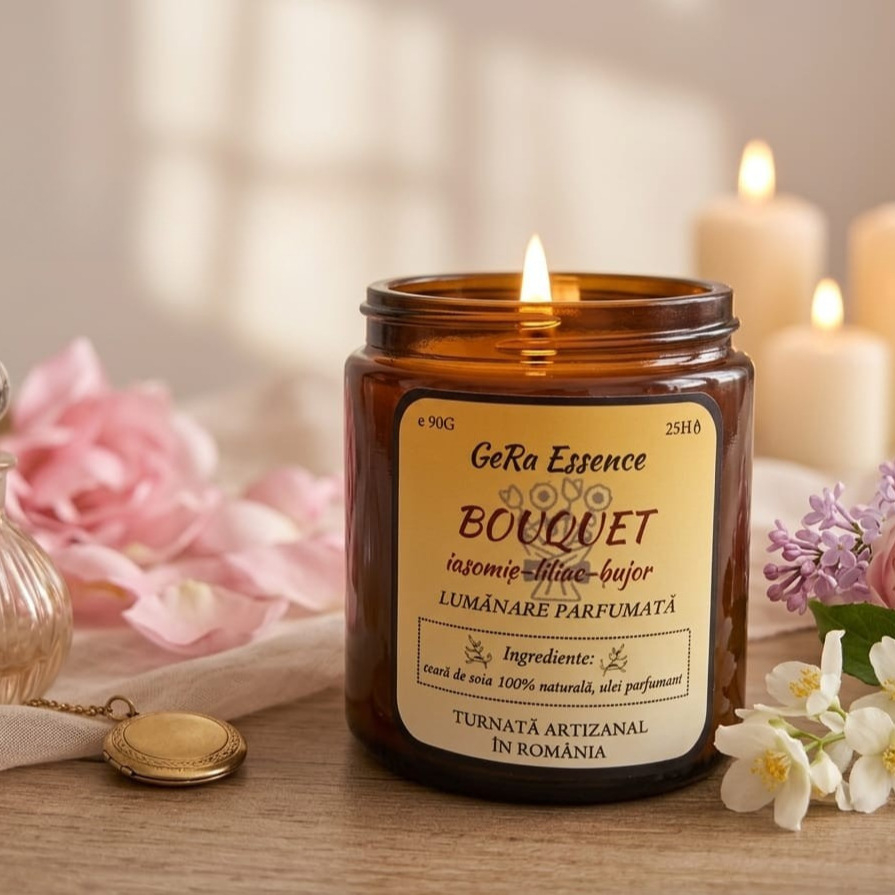 Lumanare parfumata din soia, GeRa Essence, Bouquet - Iasomie, Liliac, Bujor, Zambile, parfum floral, handmade, ceara naturala, ardere 25h, 90g [2]