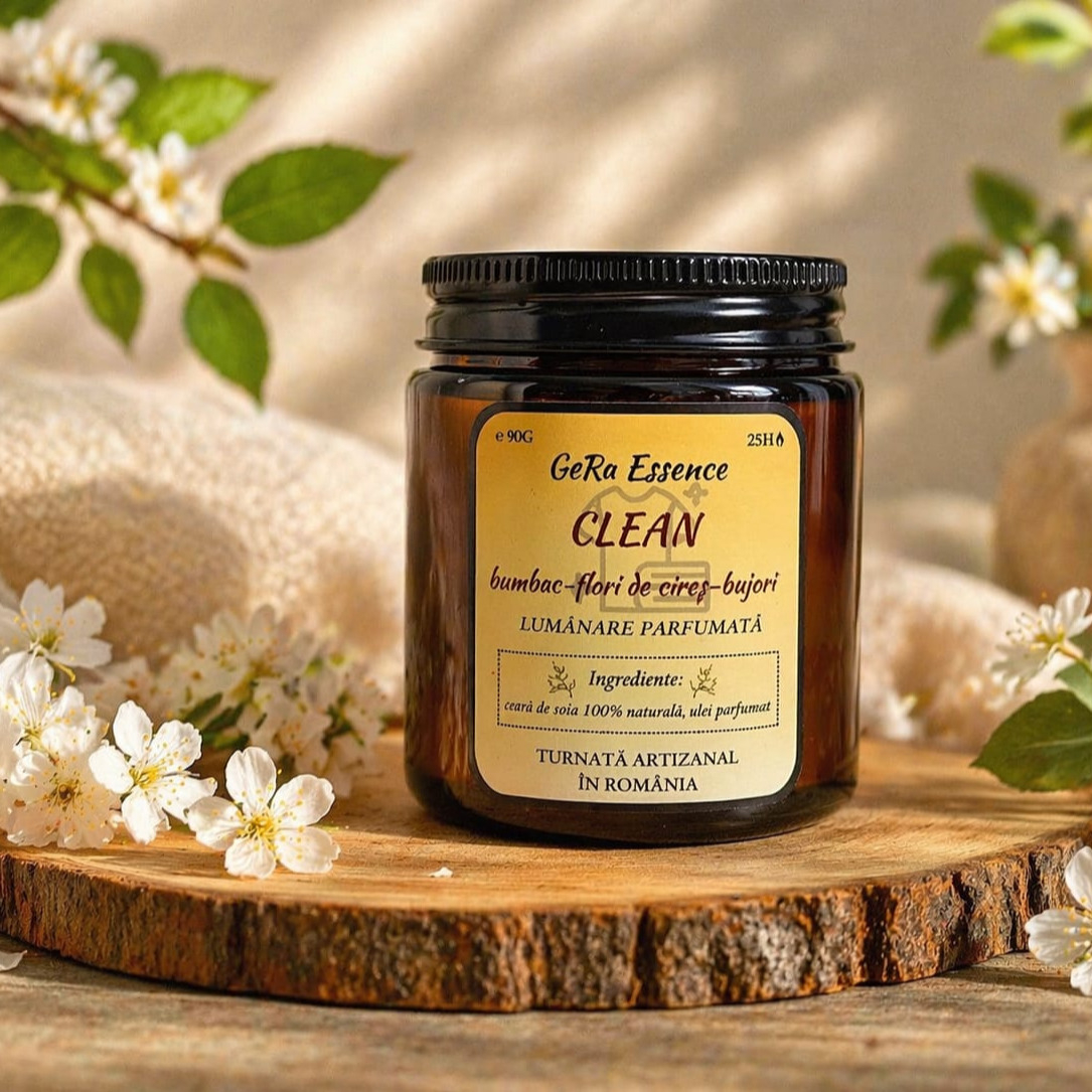 Lumanare parfumata din soia, GeRa Essence, Clean - Bumbac, Flori de cires, Bujori, parfum curat, handmade, ceara naturala, ardere 25h, 90g [5]