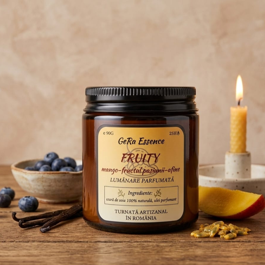 Lumanare parfumata din soia, GeRa Essence, Fruity - Fructul pasiunii, mango, afine, parfum fructat, handmade, ceara naturala, ardere 25h, 90 g [4]