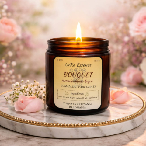 Lumanari parfumate - Lumanare parfumata din soia, GeRa Essence, Bouquet - Iasomie, Liliac, Bujor, Zambile, parfum floral, handmade, ceara naturala, ardere 25h, 90g