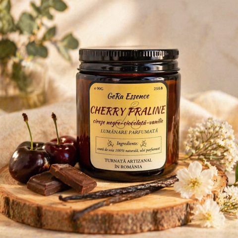Lumanari parfumate - Lumanare parfumata din soia, GeRa Essence, Cherry Praline - Cirese negre, vanilie, ciocolata, gourmand, handmade, ceara naturala, ardere 25h, 90 g