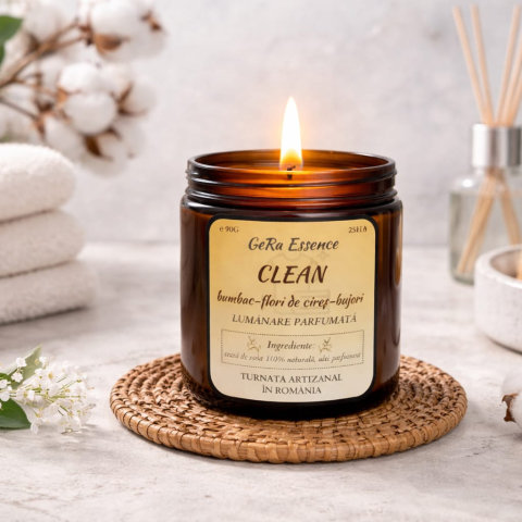 Lumanari parfumate - Lumanare parfumata din soia, GeRa Essence, Clean - Bumbac, Flori de cires, Bujori, parfum curat, handmade, ceara naturala, ardere 25h, 90g