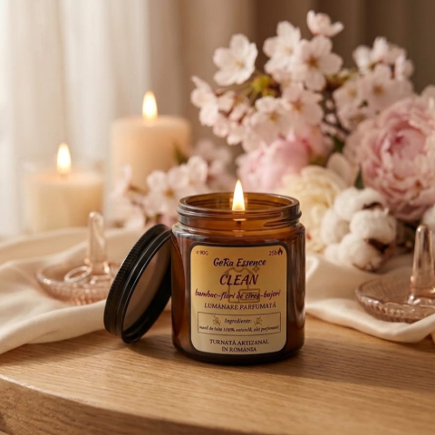 Lumanare parfumata din soia, GeRa Essence, Clean - Bumbac, Flori de cires, Bujori, parfum curat, handmade, ceara naturala, ardere 25h, 90g [2]