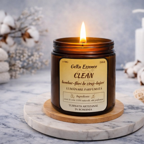 Lumanare parfumata din soia, GeRa Essence, Clean - Bumbac, Flori de cires, Bujori, parfum curat, handmade, ceara naturala, ardere 25h, 90g [1]