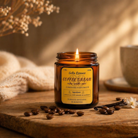 Lumanari parfumate - Lumanare parfumata din soia, GeRa Essence, Coffee Dream - Cafea prajita, vanilie, nuci, parfum cald, dulce, handmade, ceara naturala, ardere 25h, 90 g