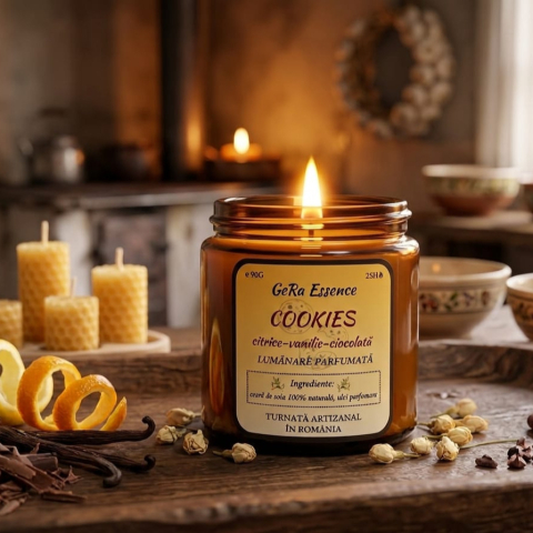 Lumanari parfumate - Lumanare parfumata din soia, GeRa Essence, Cookies - Citrice, ciocolata condimentata, vanilie, parfum dulce, gourmand, handmade, ceara naturala, ardere 25h, 90 g
